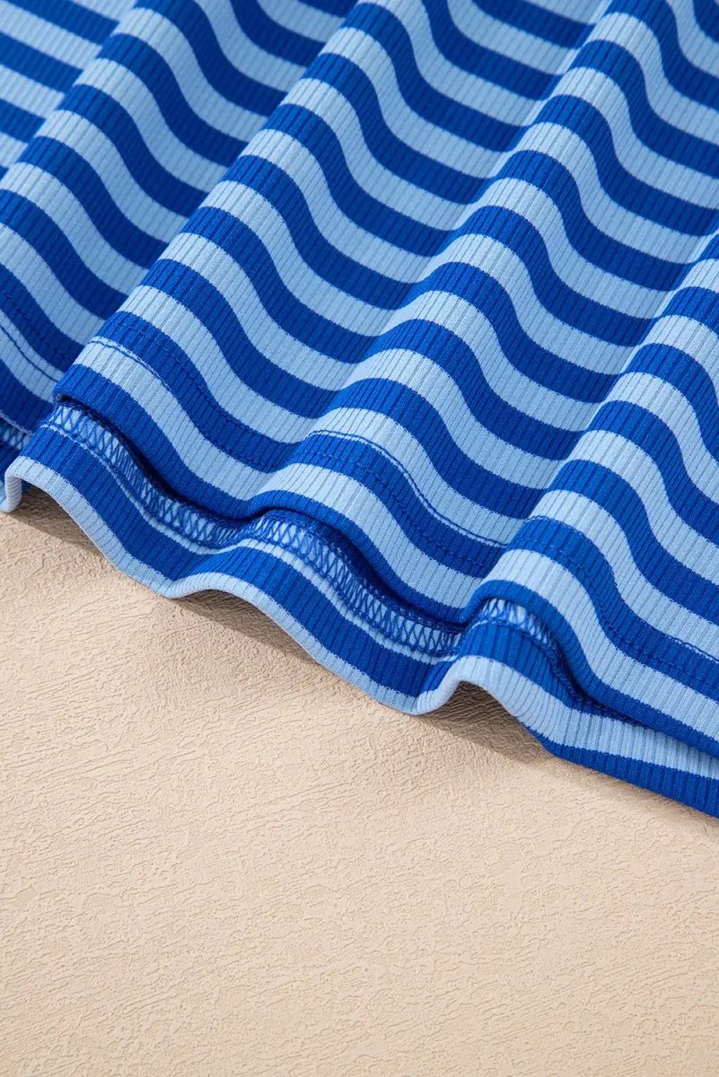 Sky Blue Stripe Ribbed Cap Sleeve Round Neck T Shirt for Women - Love Salve